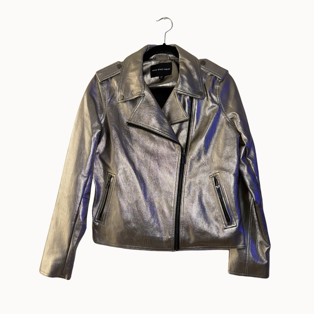 Who What Wear Silver Metallic Faux Leather Moto Jacket